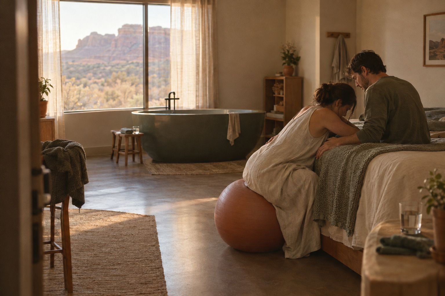 A pregnant woman leaning forward on a birthing ball beside a low bed while her partner rests a hand on her back.