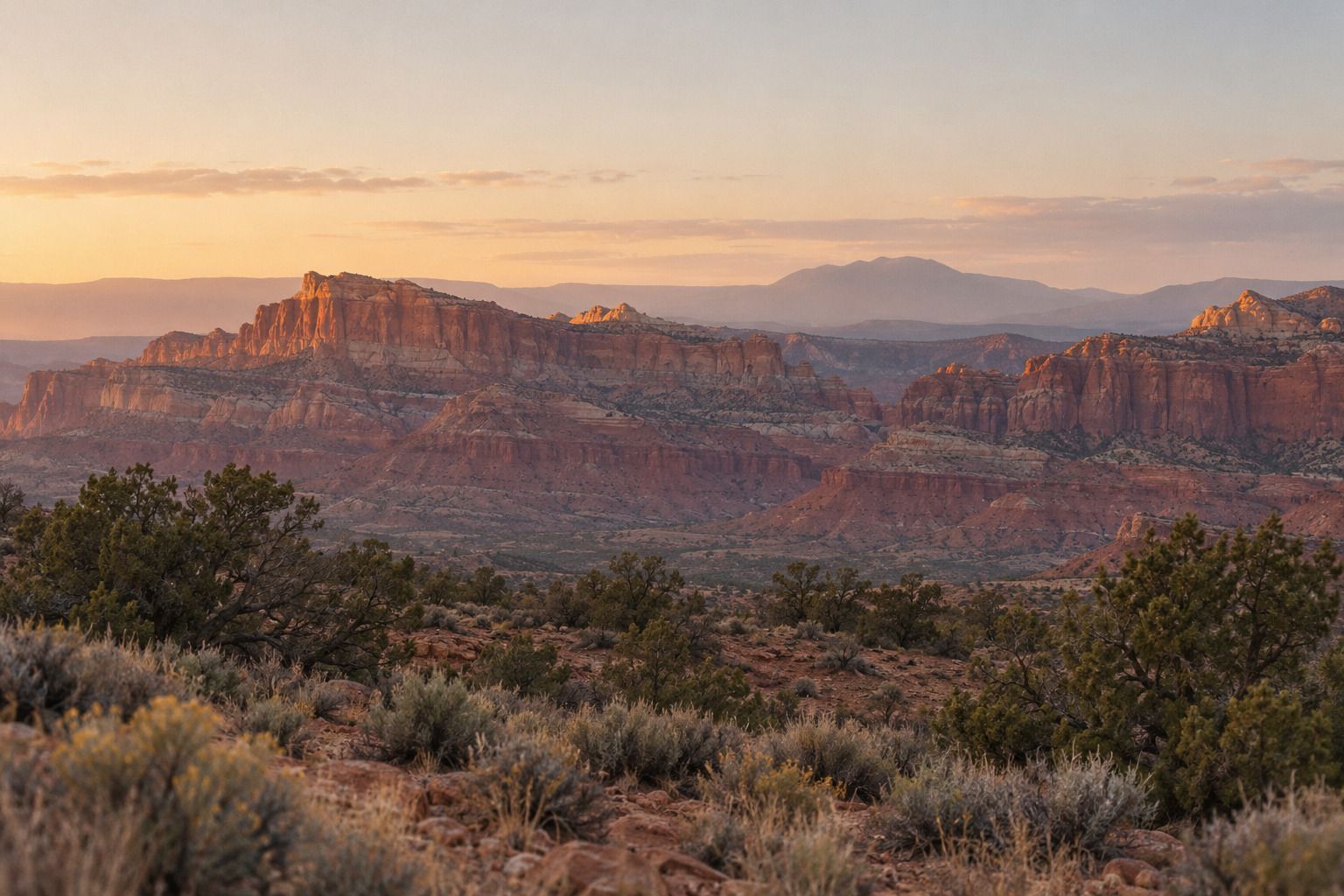 Red sandstone cliffs at sunrise.