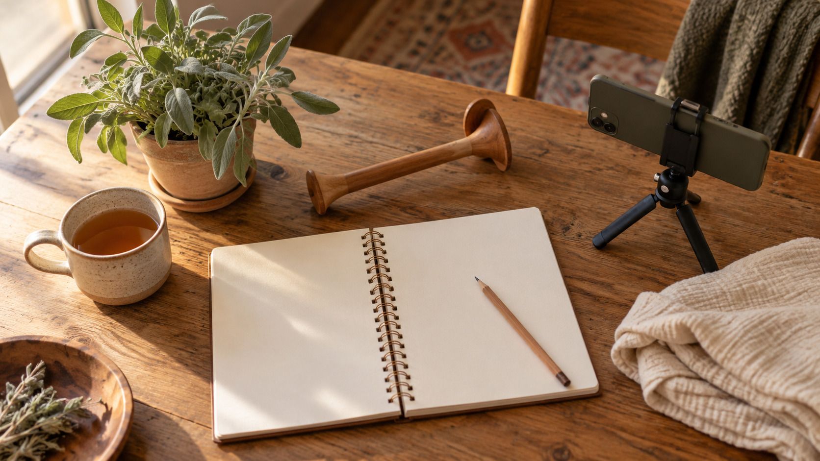 A wooden table with a notebook, a wooden fetal stethoscope, a cup of tea and a phone on a small tripod.